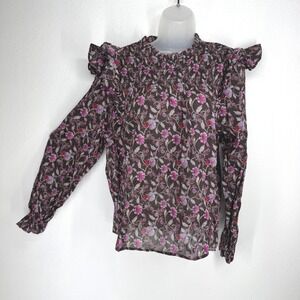 Gap Womens Brown Floral Smocked Ruffle Shoulder Cotton Blouse Top Size M